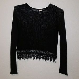 Knit Black Shirt with Lace Trimming